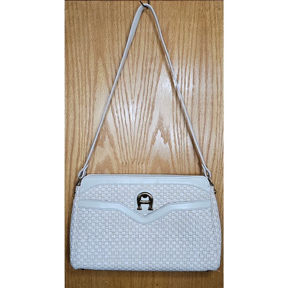 Vintage Aigner Ivory Woven Straw Shoulder Bag White Leather Trim Gold Resortwear